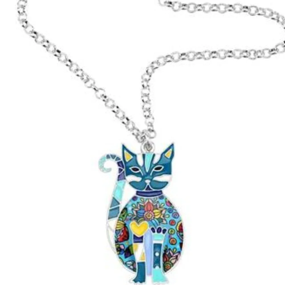 Blue Cat Necklace Enamel Kitten Pendant on Alloy Chain Jewelry for Cat Lovers